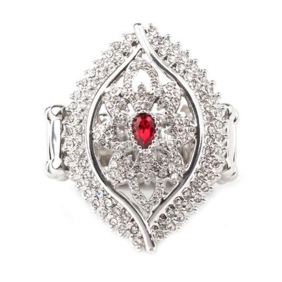 Marquise Statement Ring with Ruby Red Gem & Crystal Filigree Design - Picture 2 of 3